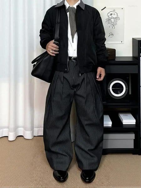 Men's Pants Y2k Vintage Pleated Stripe Wide Leg Men Casual Work Wear Cleanfit A Line Dress Old Money Straight Curved Trousers