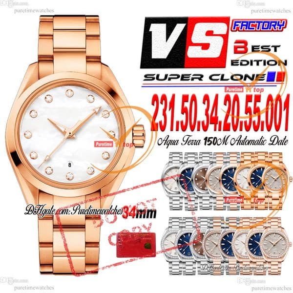 150M A8800 Automatic Womens Watch VSF 34mm Rose Gold MOP Diamonds Dial Stainless Steel Bracelet Puretimewatches Ladies Watches 231.50.34.20.55.001 Super