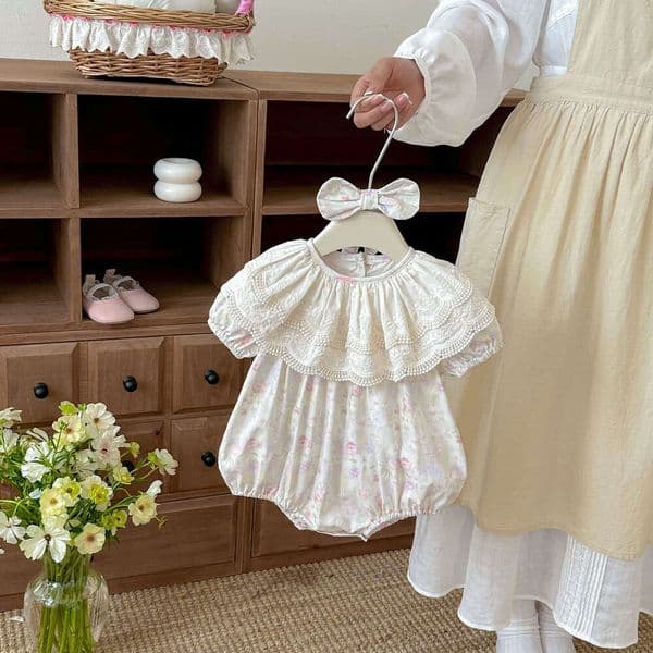 2026 New Summer Baby Girl Floral Romper Lace Collar Princess Bodysuit Short Sleeve Soft Breathable Newborn One-Piece Outfit Outdoor Casual Crawling Clothes