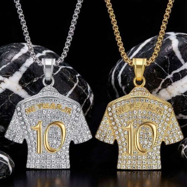 Hiphop Titanium Gold-Plated Diamond-Encrusted Football Star Neymar No. 10 Jersey Hip-Hop Style Stainless Steel Pendant Necklace with 26W0430