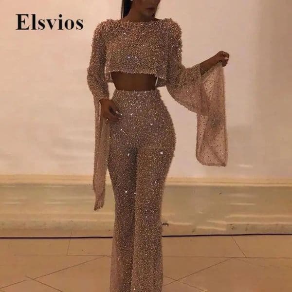 Elegant Flare Sleeve Women Club Party Romper Fashion O Neck Slim Fit Overalls Sexy Cut Out Waist Backless Shiny Sequin Jumpsuits 260428
