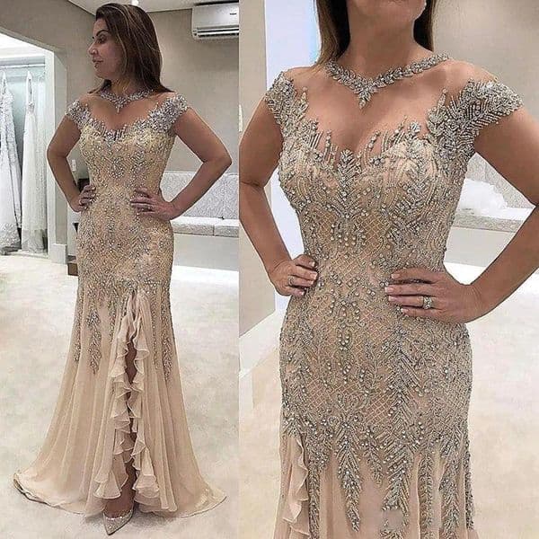 Luxury Sheer Neck Mermaid Mother of the Bride Dresses Short Sleeves Lace Beaded Sequins High Split Gowns Formal Evening Dress