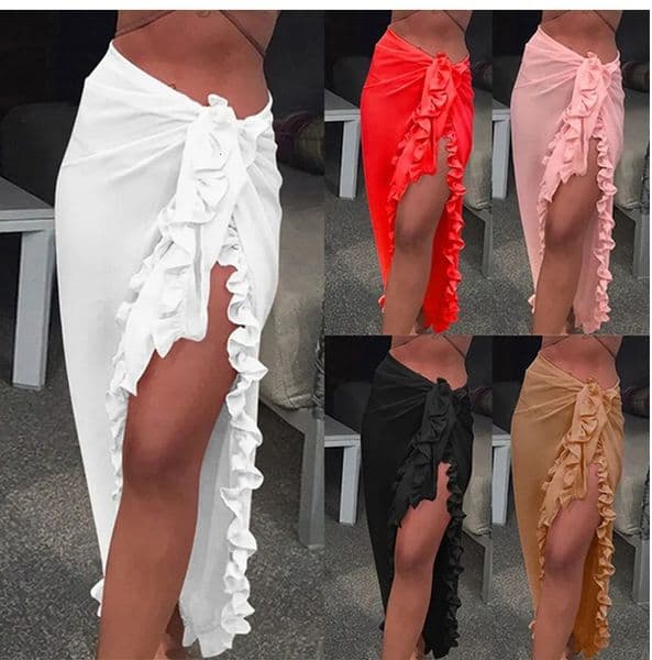 5 Colors Ruffle Sarong for Women Summer Solid Bikini Long Skirt Beach Dress Swimming Sun Protection Swim Cover Ups Monokini 260430