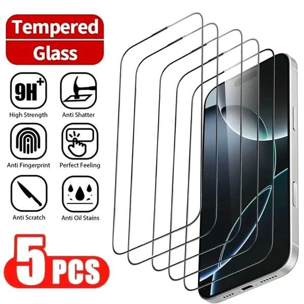 5Pcs High Clear Screen Protector for iPhone 17 16 15 14 Pro Max 16e 15 14 Plus 13 12 11 Pro XR XS Max 9H Hardness Tempered Glass 260427