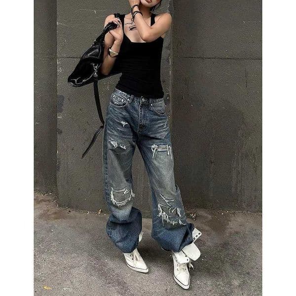Blue Jeans Women Vintage High Waisted Cargo Jeans Straight 2025 Autumn Casual Loose Big Size Wide Leg Denim Baggy Pants Y2K L260430