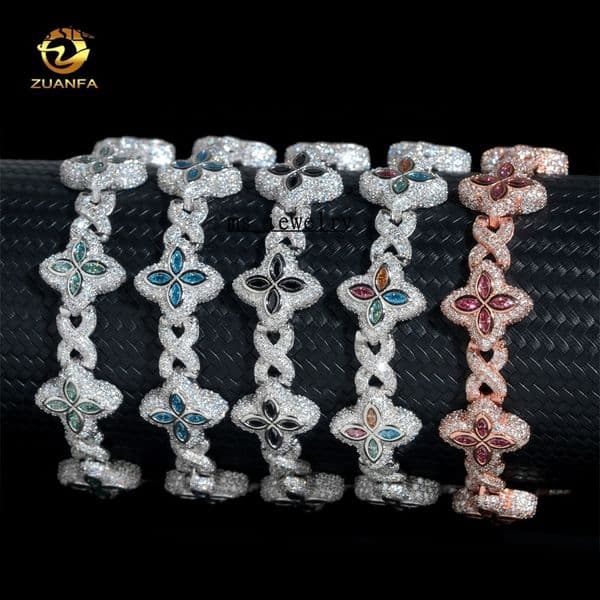 Hot Selling Colorful Hip Hop Iced Out Jewelry 15mm 925 Silver Clover Cuban Moissanite Infinity Link Bracelet for Men