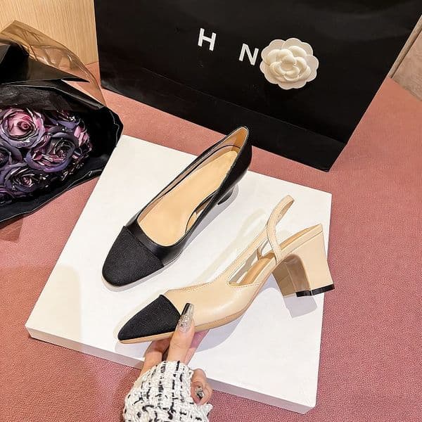 Women Two Models Designer Shoes Camellia Style CC Two-Tone Slingback Heels Elegant Pointed Toe Block Heel Pumps Beige Black Office Dress Shoes Gift 3-6cm Plus Size 35-42