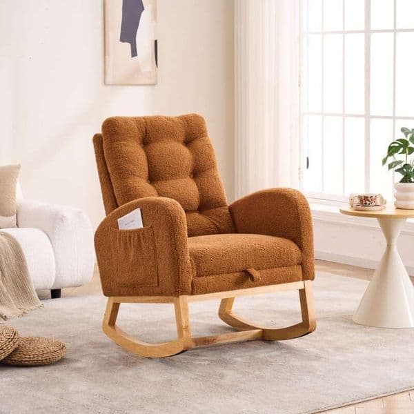 LY-5104 Caramel Accent Chair with Footrest High Back Rubber Wood Rocking Legs Bedroom Living Space 26.77D 38.36W X 39.76H Inch