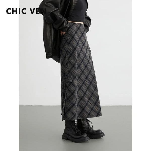 CHIC VEN Women Long Skirt Casual Sweet Cool Style High Waist Slit Plaid Half Skirt Straight Tube Skirts Spring Autumn 260429