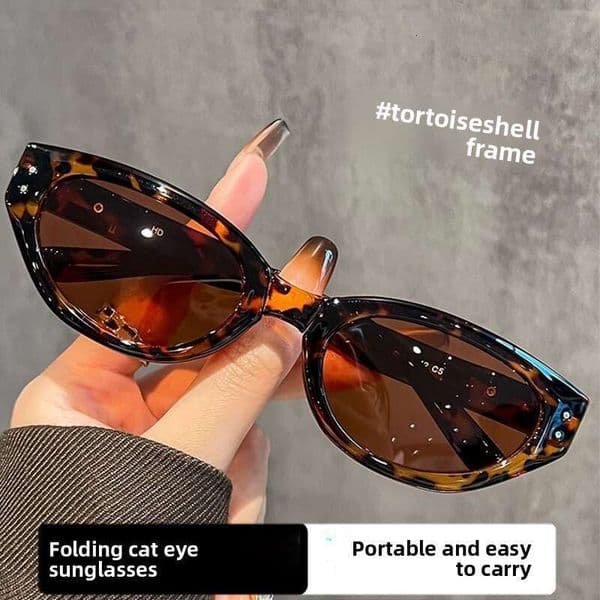 Tortoiseshell Cat Eye For Women With Round Faces Slimming 19508 UV Protection TR Folding Sunglasses Polarized Glasses Fashionable Small Frame Cat Eye Sunglasses
