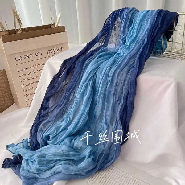 VREOVOR Scarf Cotton Hemp Gradient Blue Autumn Winter Retro Versatile Printed Womens Long Fold Shawl Elegant and Fashionable H260430