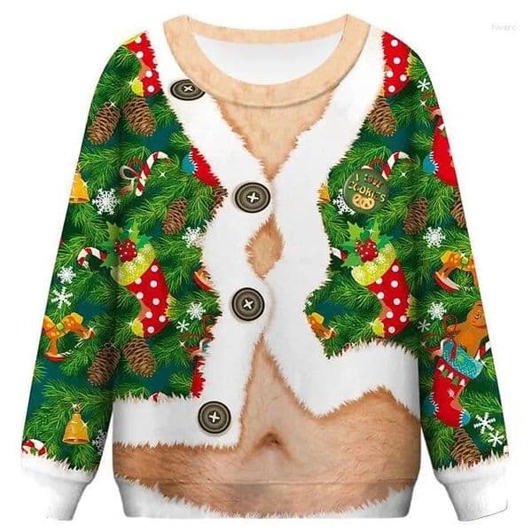 Men's Hoodies Pullover Funny Christmas Sweatshirt For Men Women 3D Print Ugly Chest Hair Party Hoodie Xmas Sweater Clothes