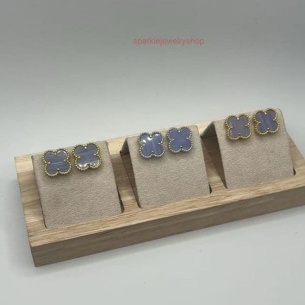 Clover Earrings V-plated rose four-leaf clover blue agate laser-cut purple chalcedony single flower stud earrings stylish and elegant Vanly Cleeffly