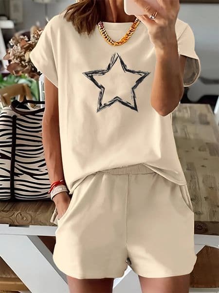 Summer womens fashion creative pentagram pattern printed casual loose round neck short sleeved T-shirt shorts two-piece set 260430