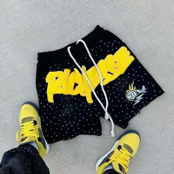 Mens Fashion Shorts Rhinestone Letter-Printed Sweatpants for Casual Motorcycle Gym Shorts Downhill Wear
