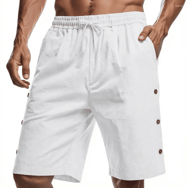 Men's Shorts Summer Solid Color Cotton And Linen Loose Sports Button 2026 Hawaii Casual Beach