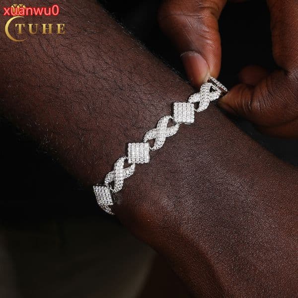 Hip Hop Men Bracelet Iced Out D VVS Moissanite 925 Sterling Silver Prong Cuban Link Chain 11mm Infinity Square Symbol Jewelry