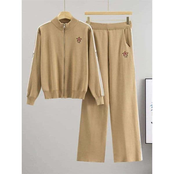 Women's Tracksuit Embroidered Color Contrasting Long Sleeve Jacket Casual Knitted Wide Leg Pants Two Piece Set