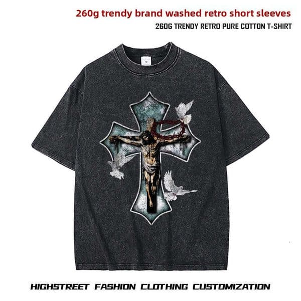 Mens Hip Hop Half Sleeve T Shirt High Street Casual Washed Vintage Loose Fit Short Sleeve 260g Pure Cotton Graphic Print Tee For Daily Streetwear