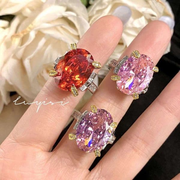 Precision Imported High Carbon Ice Flower High-end Feel Oversized Pigeon Egg Pink Diamond Starry Sky Cut Chinese Red Women's Ring