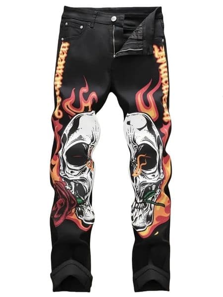 Street casual wear mens jeans fashionable printed patterns classic style trousers with cinched waist n Black color 260403