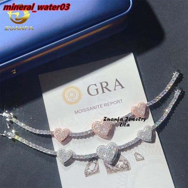 Hip Hop New Fashion Heart Two Tone 3MM Diamond 925 Sterling Silver Moissanite Tennis Chain Bracelet