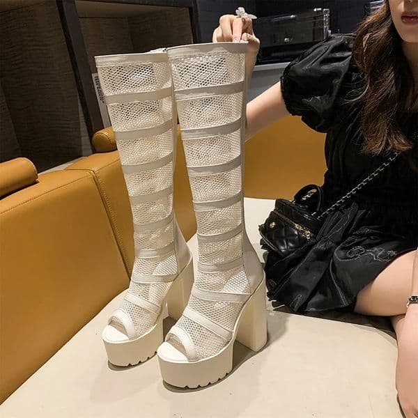 Summer Air Mesh Knee High Boots for Womens 10cm Inner Height Increase Peep Toe Shoes Women Breathable Side Zipper Sandals 260429