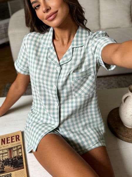 Loungewear Women Pajamas Cardigan Lapel Short Sleeve Shorts Two Piece Set Spring Summer Fresh Light Green Plaid Loose Fit Casual dongdumaoyi