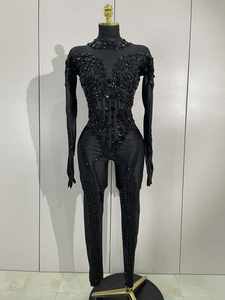 Festivals Outfit Sparkle Diamonds Sequins Black Spandex Jumpsuit Women Eveing Birthday Party NightClub Bar Stage Costume 260429