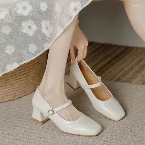 Dress Shoes Women's Fashion Pumps Spring Autumn Mary Jane Women Square Toe Shallow Single Leather Party Chunky Heels