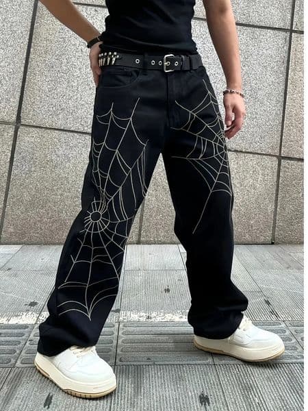Mens Black Jeans Spider Web Printing Loose Wide Leg Casual Daily Trousers High Street Fashion Trendy Streetwear Denim Pants 260403