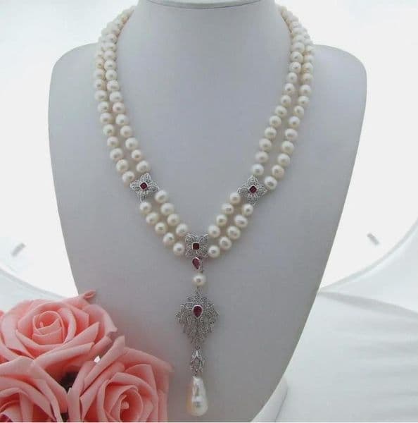 Jewelry pearl necklace 21''-22" 2 Strands White 8-9MM Pearl Necklace White Keshi Pearl CZ Pendant