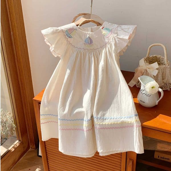 Navy-style rainbow sailboat embroidered girls dress 2026 summer new style stylish childrens dress with flutter sleeves S260429