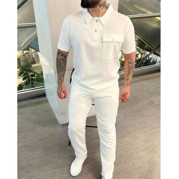 Spring Autumn Mens Sports Suit Solid Casual Loose Comfortable Male Set Short-Sleeve Polo Shirt And Pants Two-Piece Suit Man 260427