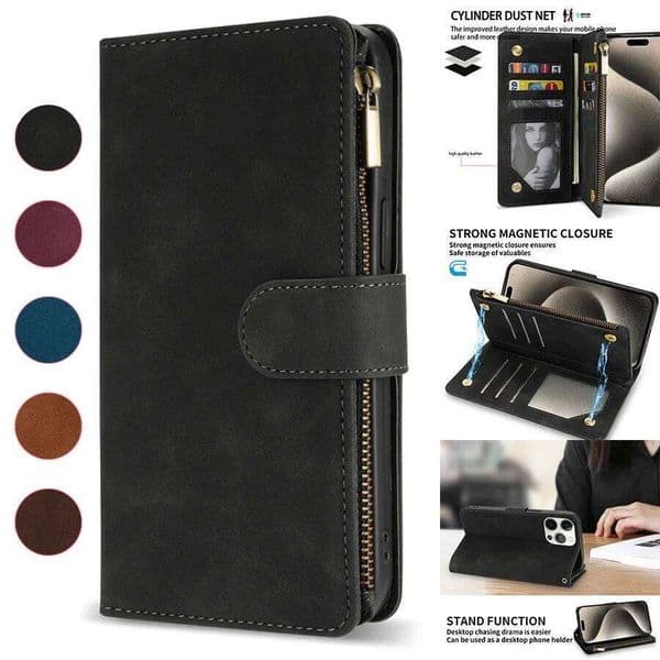 Wallet Multi-card Zipper Kickstand Magnetic Flip Leather Case For iPhone Air 17 Pro Max 16e 15 14 Plus 13 Mini 12 11 SE2 XR 8 7 S260429