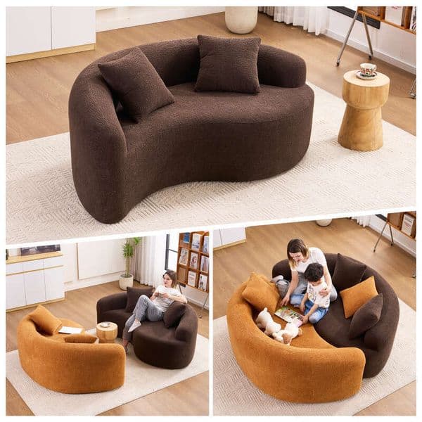 LY-042 Full Compression Sponge Loveseat, S-Curved Dual-Depth Sofa, Brown Chenille Modular for Small Spaces & Meditation, 400 lbs 66.9"L