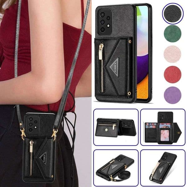 Leather Crossbody Case for Samsung Galaxy S20 S21 S23 S24 FE S22 Plus Note 20 S25 Ultra A52 A53 5G Zipper Wallet Lanyard Cover S260429