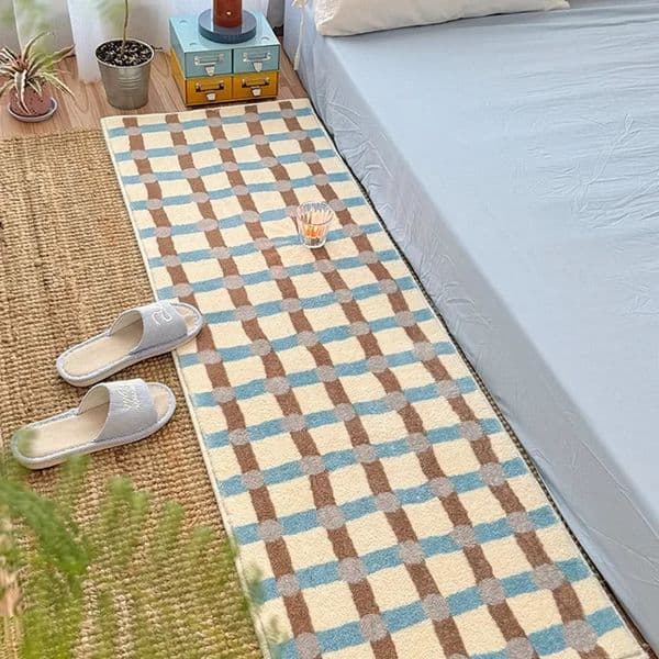 VIKAMA Ins Bedroom Rug Bed Rug Fresh Blue Checkered Long Rug Soft and Comfortable Girl Room Cute Plush Rug Home Decor 260429