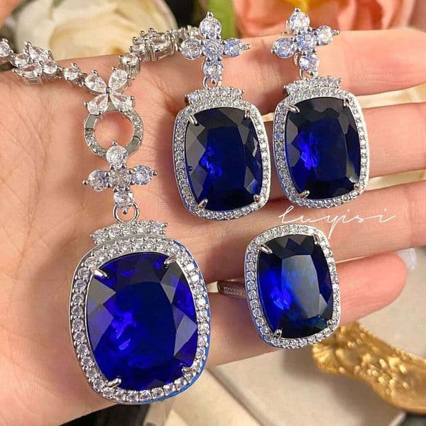 Heavy Ruby Pendant vvs High-end Artificial Large Necklace European and American Exaggerated Royal Sapphire Ring Gemstone Set for Women