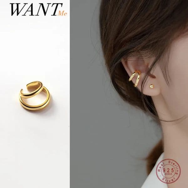 WANTME 925 Sterling Silver Minimalist Double Glossy 1pcs Ear Clip Earrings for Women Hip Hop Line No Piercing Ear Cuff Jewelry 260429