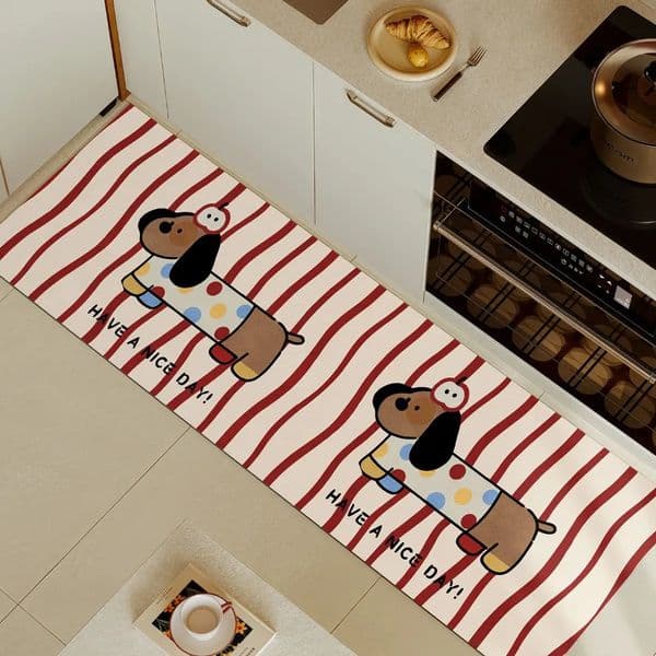 Cartoon Dog Kitchen Carpet Mat Non-slip Rug Home Decoration Striped Pattern Welcome Home Funny Floor Mat for Kitchen Decor 260429