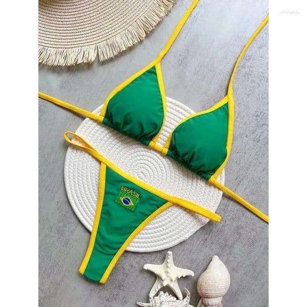 Women's Swimwear 2026 Fashion Embroidery Brasil Flag Contrast Split Bikini Set Women Patchwork Swimsuit Tie Outfit SummerBeachwear