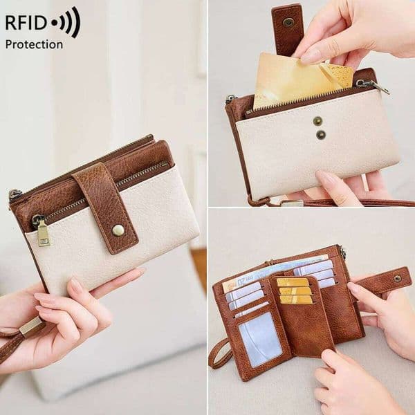 Vintage RFID Blocking for Women with Double Zipper Multiple Card Slots Coin Pocket Portable Three-Fold Short Wallet H260131