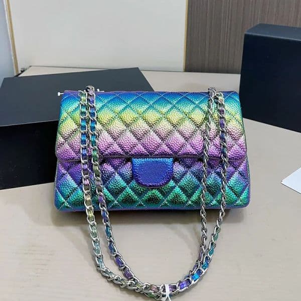 Womens Designer Gradient Pearl Color Shoulder Bags Silver Hardware Calfskin Leather Classic Double Flap Bag Chain Cross Body Bag Designer Handbags Luxury Bag 26cm