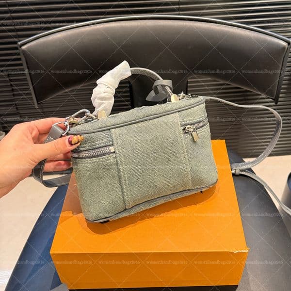 Detachable Adjustable Long and Short Straps Designer Luxury Denim Box makeup bag with Top Handle in Light Blue Cosmetic Bag for Crossbody Shoulder Handheld Carry