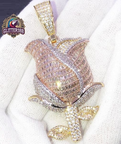 Hip Hop vvs moissanite Rose Flower Pendant Necklace Iced Out Bling Gold Plated Cool Men Women Jewelry