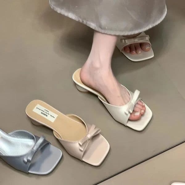 Slipper Mules Low High Heels Shoes Summer Street Look Females Square Head Open Toe Bow Strappy Sandals Women 260124