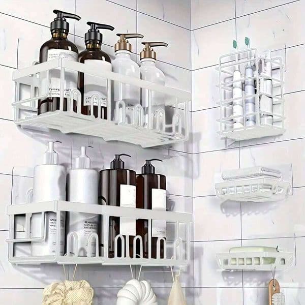 5-Pack Rustproof Stainless Steel Adhesive Shower Caddy No-Drilling Bathroom Storage Shelves 26H0202