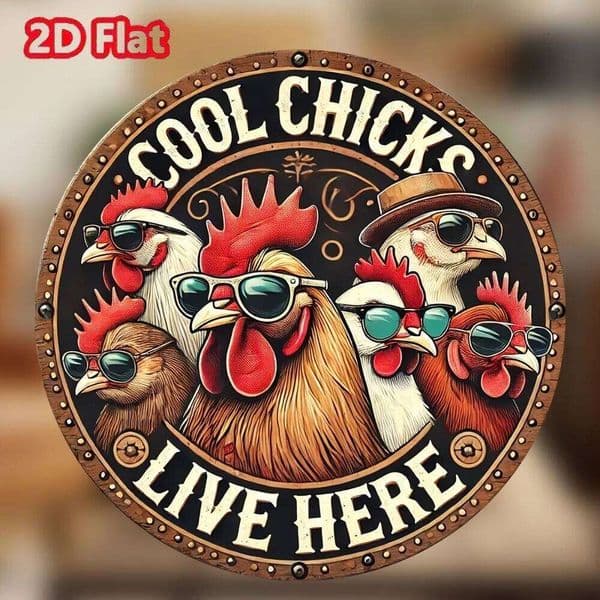 Round Iron Vintage Metal Chicken Coop Sign, 20x20cm - "A Cool Chicks Here" Farmhouse Decor 26H0202