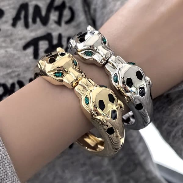 Cross Border Direct Sales Designer Bracelet European And American Luxury Bracelet Fashionable And Personalized Leopard Head Oil Droplet Alloy Open Bracelet